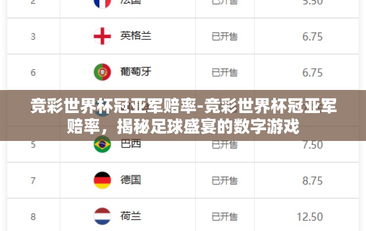 竞彩世界杯冠亚军赔率-竞彩世界杯冠亚军赔率，揭秘足球盛宴的数字游戏