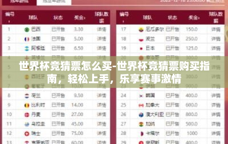 世界杯竞猜票怎么买-世界杯竞猜票购买指南，轻松上手，乐享赛事激情